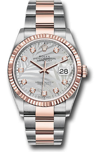 Rolex Everose Rolesor Datejust 36 Watch - Fluted Bezel - Silver Palm Motif Diamond Dial - Oyster Bracelet - 126231 spmdo
