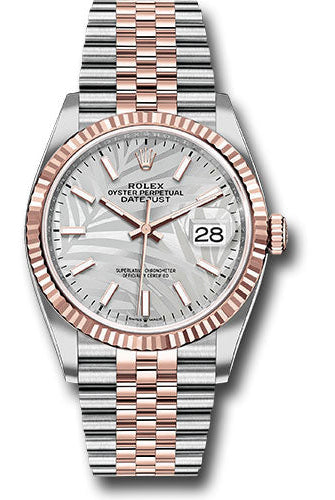 Rolex Everose Rolesor Datejust 36 Watch - Fluted Bezel - Silver Palm Motif Index Dial - Jubilee Bracelet - 126231 spmij