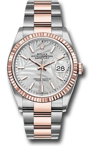 Rolex Everose Rolesor Datejust 36 Watch - Fluted Bezel - Silver Palm Motif Index Dial - Oyster Bracelet - 126231 spmio