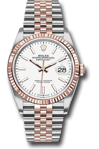 Rolex Steel and Everose Rolesor Datejust 36 Watch - Fluted Bezel - White Index Dial - Jubilee Bracelet - 126231 wij