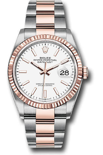 Rolex Steel and Everose Rolesor Datejust 36 Watch - Fluted Bezel - White Index Dial - Oyster Bracelet - 126231 wio