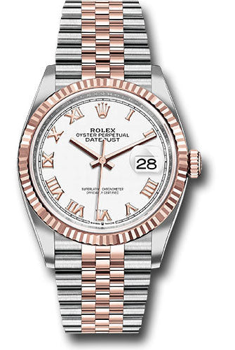 Rolex Steel and Everose Rolesor Datejust 36 Watch - Fluted Bezel - White Roman Dial - Jubilee Bracelet - 126231 wrj