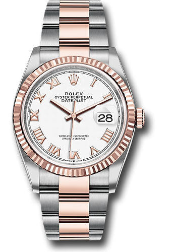 Rolex Steel and Everose Rolesor Datejust 36 Watch - Fluted Bezel - White Roman Dial - Oyster Bracelet - 126231 wro
