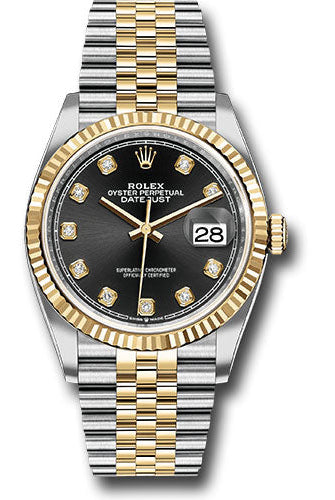 Rolex Steel and Yellow Gold Rolesor Datejust 36 Watch - Fluted Bezel - Black Diamond Dial - Jubilee Bracelet - 126233 bkdj
