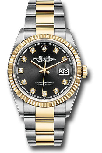 Rolex Steel and Yellow Gold Rolesor Datejust 36 Watch - Fluted Bezel - Black Diamond Dial - Oyster Bracelet - 126233 bkdo