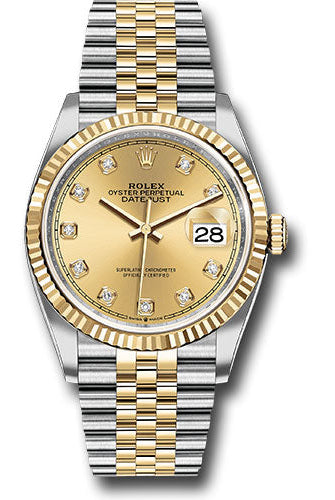 Rolex Steel and Yellow Gold Rolesor Datejust 36 Watch - Fluted Bezel - Champagne Diamond Dial - Jubilee Bracelet - 126233