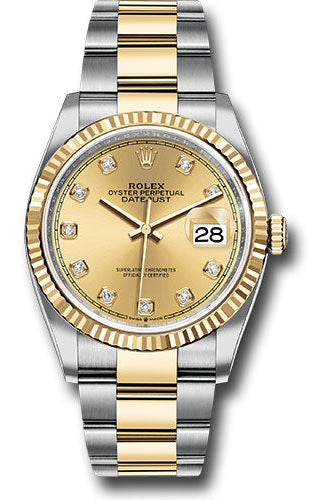 Rolex Steel and Yellow Gold Rolesor Datejust 36 Watch - Fluted Bezel - Champagne Diamond Dial - Oyster Bracelet - 126233 chdo