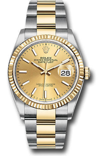 Rolex Steel and Yellow Gold Rolesor Datejust 36 Watch - Fluted Bezel - Champagne Index Dial - Oyster Bracelet - 126233 chio