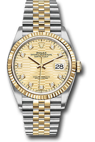 Rolex Yellow Rolesor Datejust 36 Watch - Fluted Bezel - Golden Fluted Motif Diamond Dial - Jubilee Bracelet - 126233 gflmdj