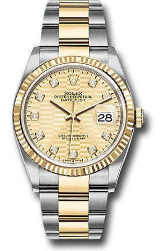 Rolex Yellow Rolesor Datejust 36 Watch - Fluted Bezel - Golden Fluted Motif Diamond Dial - Oyster Bracelet - 126233 gflmdo