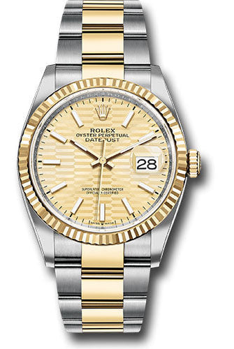 Rolex Steel and Yellow Gold Rolesor Datejust 36 Watch - Fluted Bezel - Golden Fluted Motif Index Dial - Oyster Bracelet -
