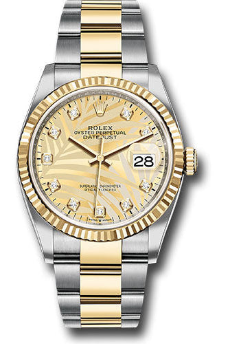 Rolex Yellow Rolesor Datejust 36 Watch - Fluted Bezel - Golden Palm Motif Diamond Dial - Oyster Bracelet - 126233 gpmdo