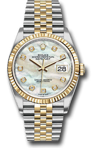 Rolex Steel and Yellow Gold Rolesor Datejust 36 Watch - Fluted Bezel - White Mother-Of-Pearl Diamond Dial - Jubilee Bracelet