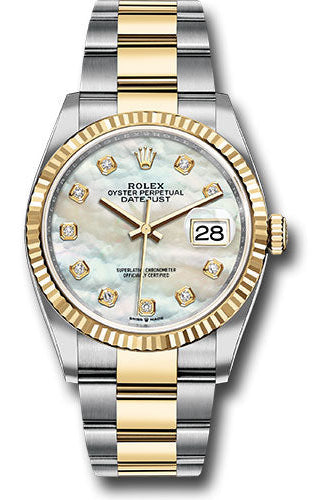 Rolex Steel and Yellow Gold Rolesor Datejust 36 Watch - Fluted Bezel - White Mother-Of-Pearl Diamond Dial - Oyster Bracelet