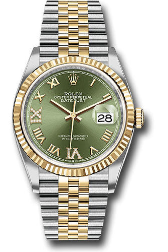 Rolex Steel and Yellow Gold Rolesor Datejust 36 Watch - Fluted Bezel - Olive Green Roman Dial - Jubilee Bracelet - 126233