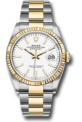 Rolex Steel and Yellow Gold Rolesor Datejust 36 Watch - Fluted Bezel - White Index Dial - Oyster Bracelet - 126233 wio