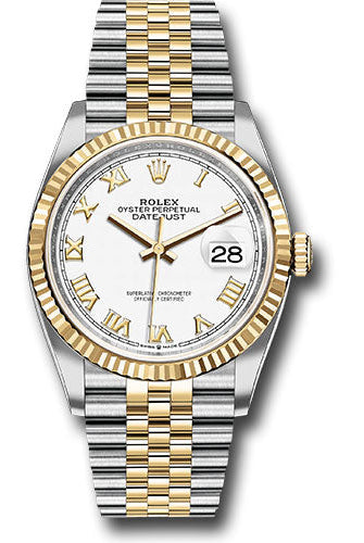 Rolex Steel and Yellow Gold Rolesor Datejust 36 Watch - Fluted Bezel - White Roman Dial - Jubilee Bracelet - 126233 wrj