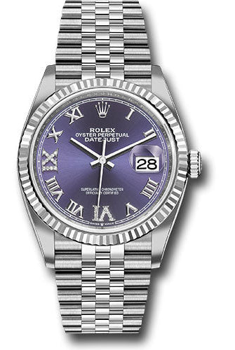 Rolex Steel Datejust 36 Watch - Fluted Bezel - Aubergine Purple Diamond Roman VI and IX Dial - Jubilee Bracelet - 126234