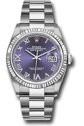 Rolex Steel Datejust 36 Watch - Fluted Bezel - Aubergine Purple Diamond Roman VI and IX Dial - Oyster Bracelet - 126234