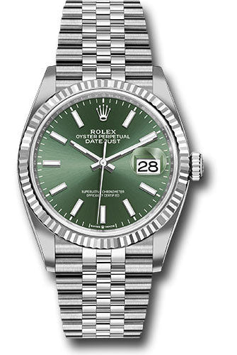 Rolex White Rolesor Datejust 36 Watch - Fluted Bezel - Mint Green Index Dial - Jubilee Bracelet - 126234 mgij