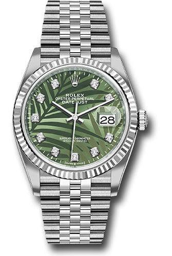 Rolex White Rolesor Datejust 36 Watch - Fluted Bezel - Olive Green Palm Motif Diamond 6 Dial - Jubilee Bracelet - 126234