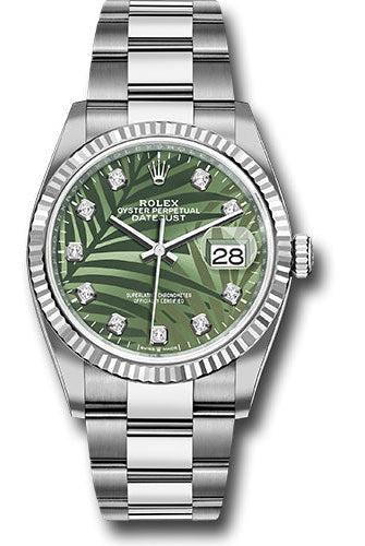 Rolex White Rolesor Datejust 36 Watch - Fluted Bezel - Olive Green Palm Motif Diamond 6 Dial - Oyster Bracelet - 126234