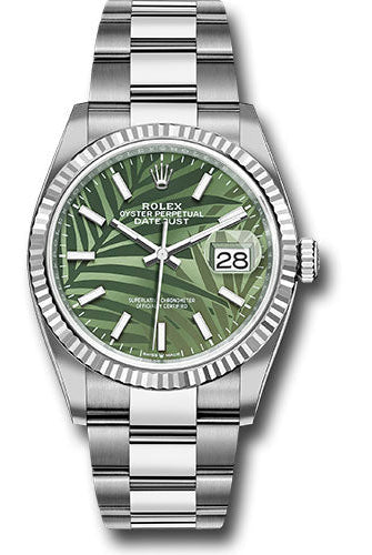 Rolex White Rolesor Datejust 36 Watch - Fluted Bezel - Olive Green Palm Motif Dial - Oyster Bracelet - Release - 126234