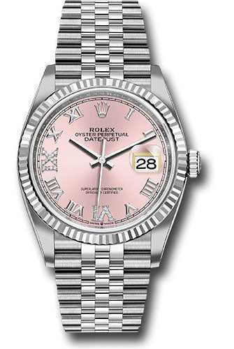 Rolex Steel Datejust 36 Watch - Fluted Bezel - Pink Diamond Roman VI and IX Dial - Jubilee Bracelet - 126234 pdr69j