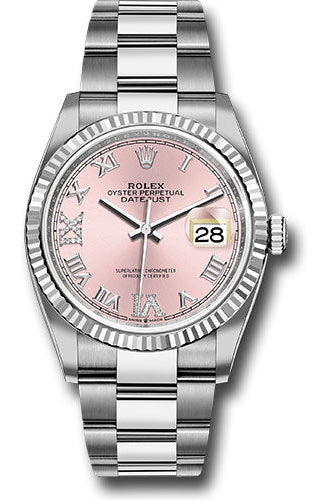 Rolex Steel Datejust 36 Watch - Fluted Bezel - Pink Diamond Roman VI and IX Dial - Oyster Bracelet - 126234 pdr69o