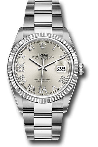 Rolex Steel Datejust 36 Watch - Fluted Bezel - Silver Diamond Roman VI and IX Dial - Oyster Bracelet - 126234 sdr69o