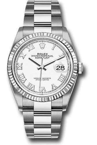 Rolex Steel Datejust 36 Watch - Fluted Bezel - White Roman Dial - Oyster Bracelet - 126234 wro