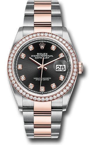 Rolex Steel and Everose Rolesor Datejust 36 Watch - Diamond Bezel - Black Diamond Dial - Oyster Bracelet - 126281RBR bkdo