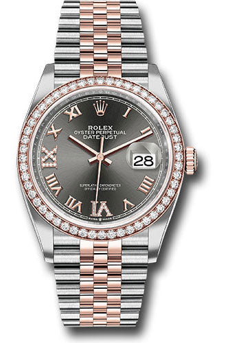 Rolex Steel and Everose Rolesor Datejust 36 Watch - Diamond Bezel - Dark Rhodium Roman Dial - Jubilee Bracelet - 126281RBR