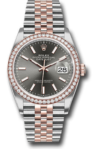 Rolex Steel and Everose Rolesor Datejust 36 Watch - Diamond Bezel - Dark Rhodium Index Dial - Jubilee Bracelet - 126281RBR