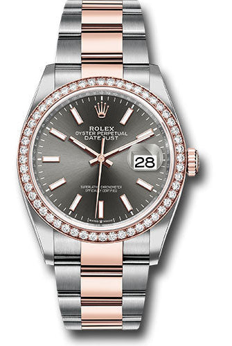Rolex Steel and Everose Rolesor Datejust 36 Watch - Diamond Bezel - Dark Rhodium Index Dial - Oyster Bracelet - 126281RBR