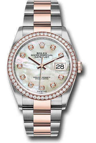 Rolex Steel and Everose Rolesor Datejust 36 Watch - Diamond Bezel - White Mother-Of-Pearl Diamond Dial - Oyster Bracelet -