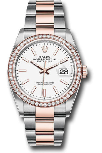 Rolex Steel and Everose Rolesor Datejust 36 Watch - Diamond Bezel - White Index Dial - Oyster Bracelet - 126281RBR wio