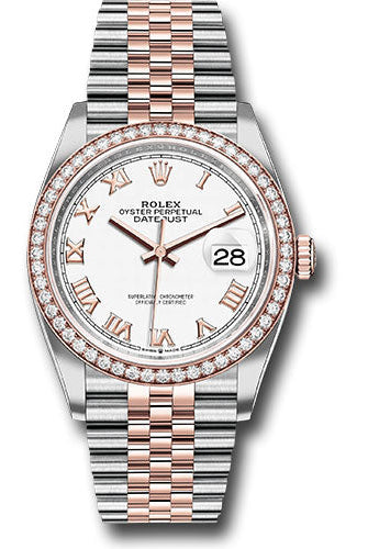 Rolex Steel and Everose Rolesor Datejust 36 Watch - Diamond Bezel - White Roman Dial - Jubilee Bracelet - 126281RBR wrj