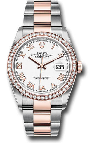Rolex Steel and Everose Rolesor Datejust 36 Watch - Diamond Bezel - White Roman Dial - Oyster Bracelet - 126281RBR wro