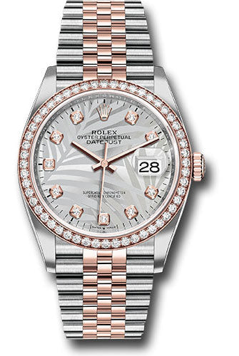Rolex Everose Rolesor Datejust 36 Watch - Diamond Bezel - Silver Palm Motif Diamond Dial - Jubilee Bracelet - 126281rbr spmdj