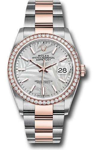 Rolex Everose Rolesor Datejust 36 Watch - Diamond Bezel - Silver Palm Motif Index Dial - Oyster Bracelet - 126281rbr spmio