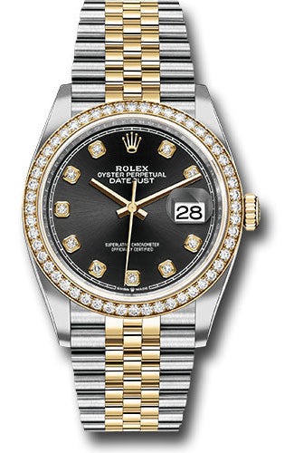 Rolex Steel and Yellow Gold Rolesor Datejust 36 Watch - Yellow Diamond Bezel - Black Diamond Dial - Jubilee Bracelet -