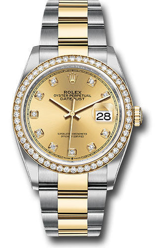 Rolex Steel and Yellow Gold Rolesor Datejust 36 Watch - Diamond Bezel - Champagne Diamond Dial - Oyster Bracelet - 126283RBR