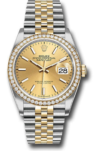 Rolex Steel and Yellow Gold Rolesor Datejust 36 Watch - Yellow Diamond Bezel - Champagne Index Dial - Jubilee Bracelet -