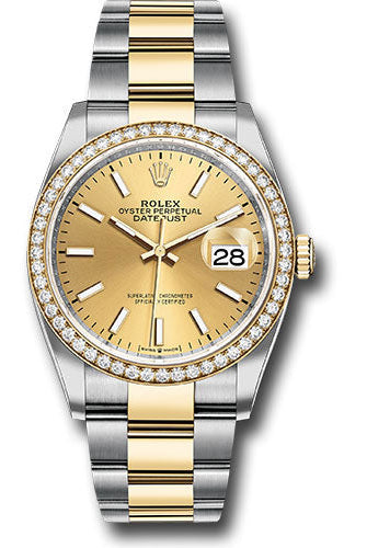 Rolex Steel and Yellow Gold Rolesor Datejust 36 Watch - Diamond Bezel - Champagne Index Dial - Oyster Bracelet - 126283RBR