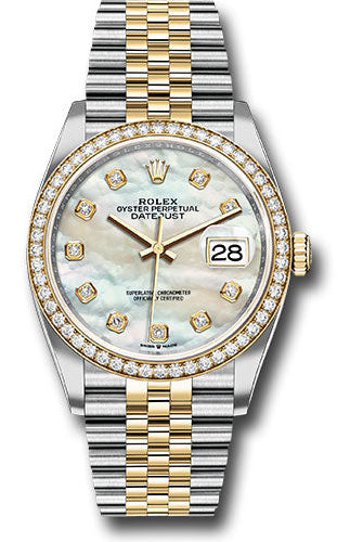 Rolex Steel and Yellow Gold Rolesor Datejust 36 Watch - Yellow Diamond Bezel - White Mother-Of-Pearl Diamond Dial - Jubilee