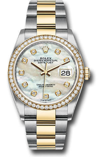 Rolex Steel and Yellow Gold Rolesor Datejust 36 Watch - Diamond Bezel - White Mother-Of-Pearl Diamond Dial - Oyster Bracelet