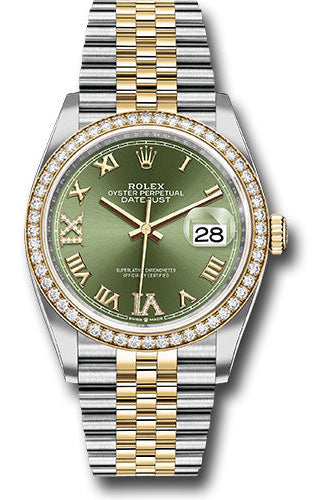 Rolex Steel and Yellow Gold Rolesor Datejust 36 Watch - Yellow Diamond Bezel - Olive Green Roman Dial - Jubilee Bracelet -