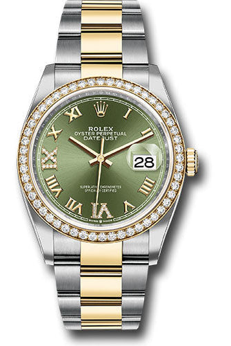 Rolex Steel and Yellow Gold Rolesor Datejust 36 Watch - Diamond Bezel - Olive Green Roman Dial - Oyster Bracelet - 126283RBR