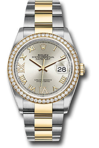 Rolex Steel and Yellow Gold Rolesor Datejust 36 Watch - Diamond Bezel - Silver Roman Dial - Oyster Bracelet - 126283RBR